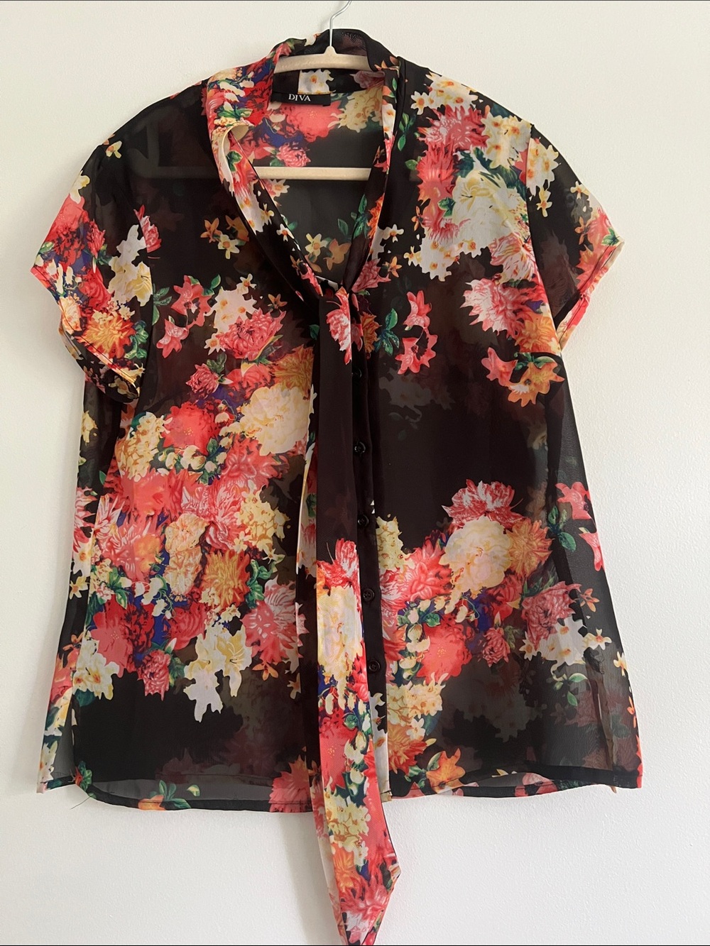 Diva Black Sheer Floral Tie-Neck Blouse